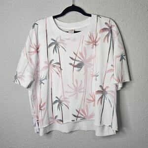Secret Treasures Crop Sweatshirt Womens L 12-14 White Pink Palm Tree‎ Soft Hi Lo